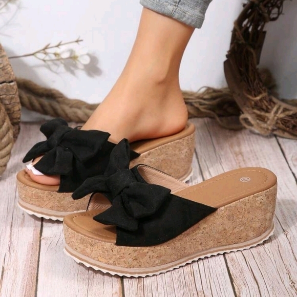 Summer Casual Fashionable Black Wedge Sandals With Bow Decoration, Platform - Picture 5 of 6